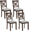 Set of 4 wooden dining chairs with fabric padded seats, ergonomic backrests, and solid rubber wood for kitchen use.