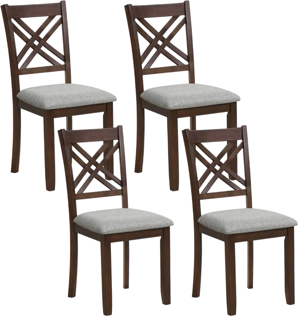 Set of 4 wooden dining chairs with fabric padded seats, ergonomic backrests, and solid rubber wood for kitchen use.