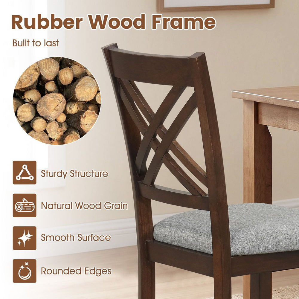 Brown wooden dining chair with a rubber wood frame, padded linen seat, and ergonomic backrest for comfortable dining.