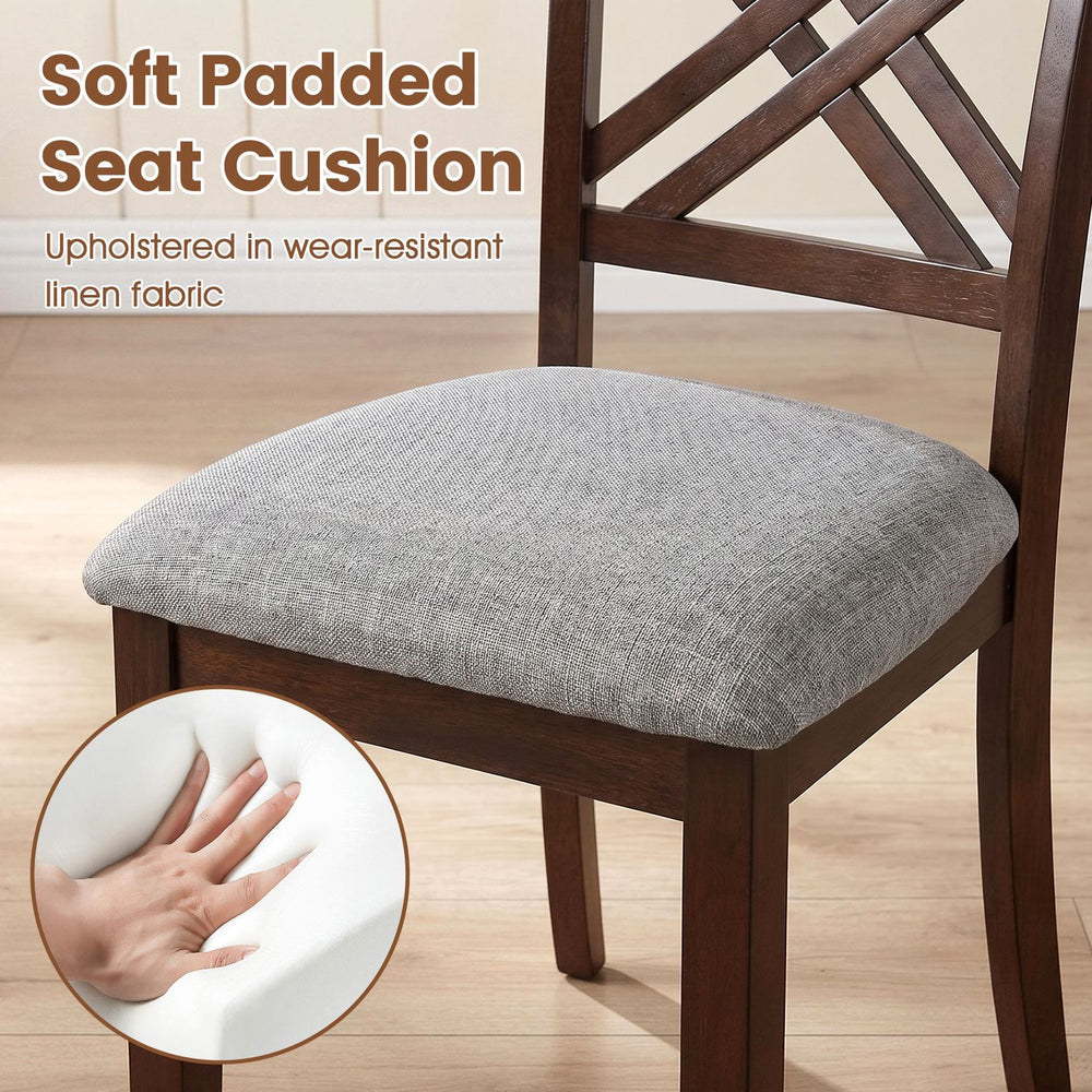 Soft padded seat cushion upholstered in wear-resistant linen fabric on a sturdy rubber wood dining chair for comfort.