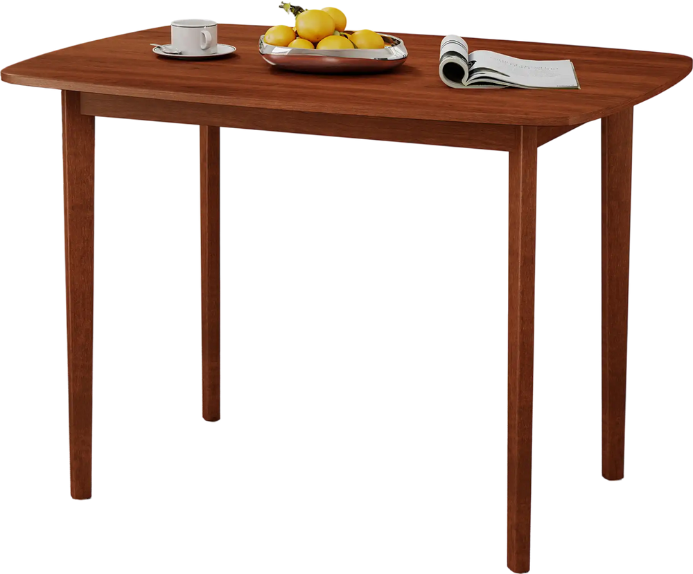 Walnut-finished wooden dining table for 2-4 people with rubber wood legs, perfect for small spaces and versatile use.