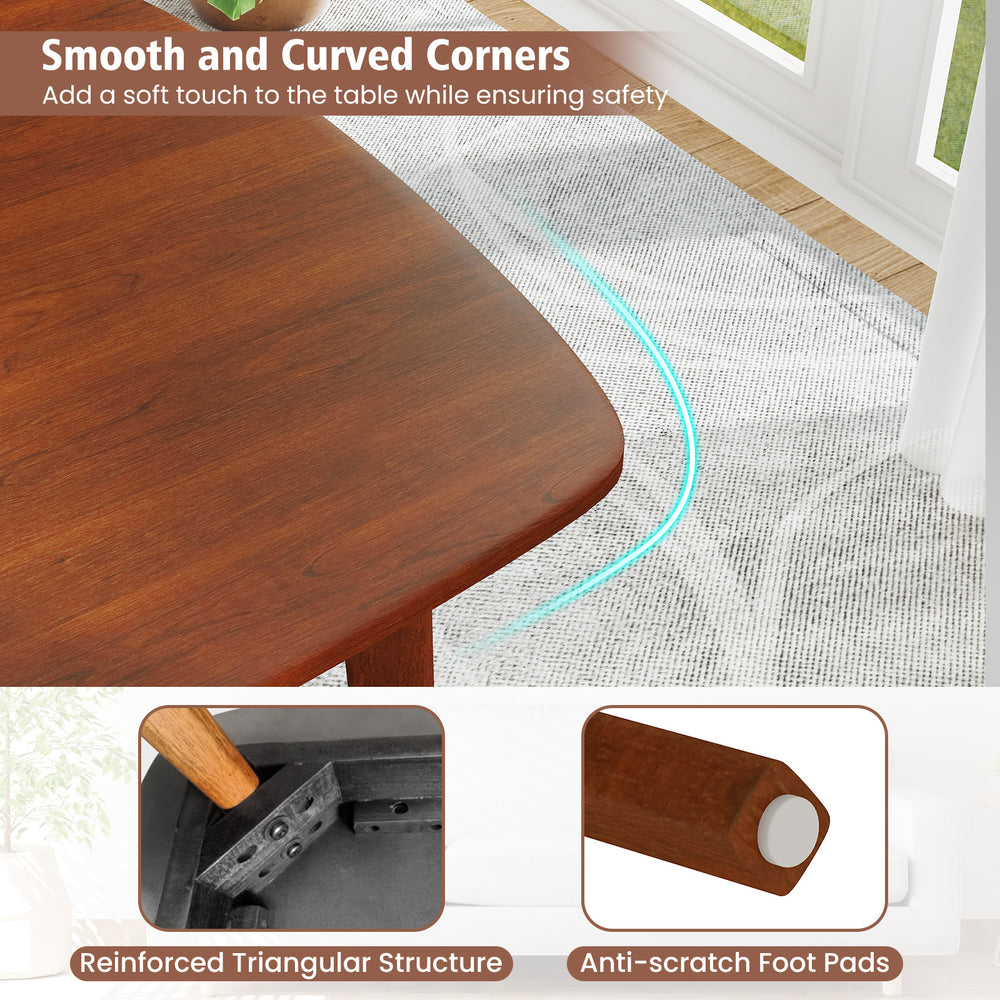 Wooden dining table with walnut finish, smooth curved corners, and rubber wood legs, ideal for 2-4 people in small.