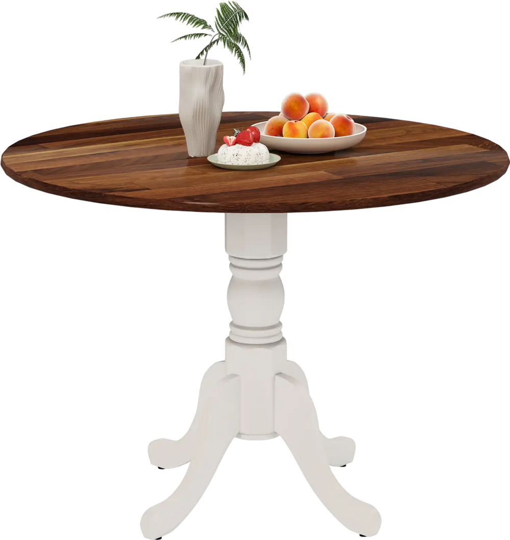Round wooden dining table with walnut finish and white curved trestle legs, perfect for seating up to 4 people.