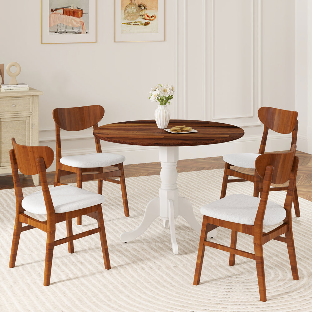 Round wooden dining table with curved trestle legs in walnut and white, seating up to 4 people, perfect for dining.