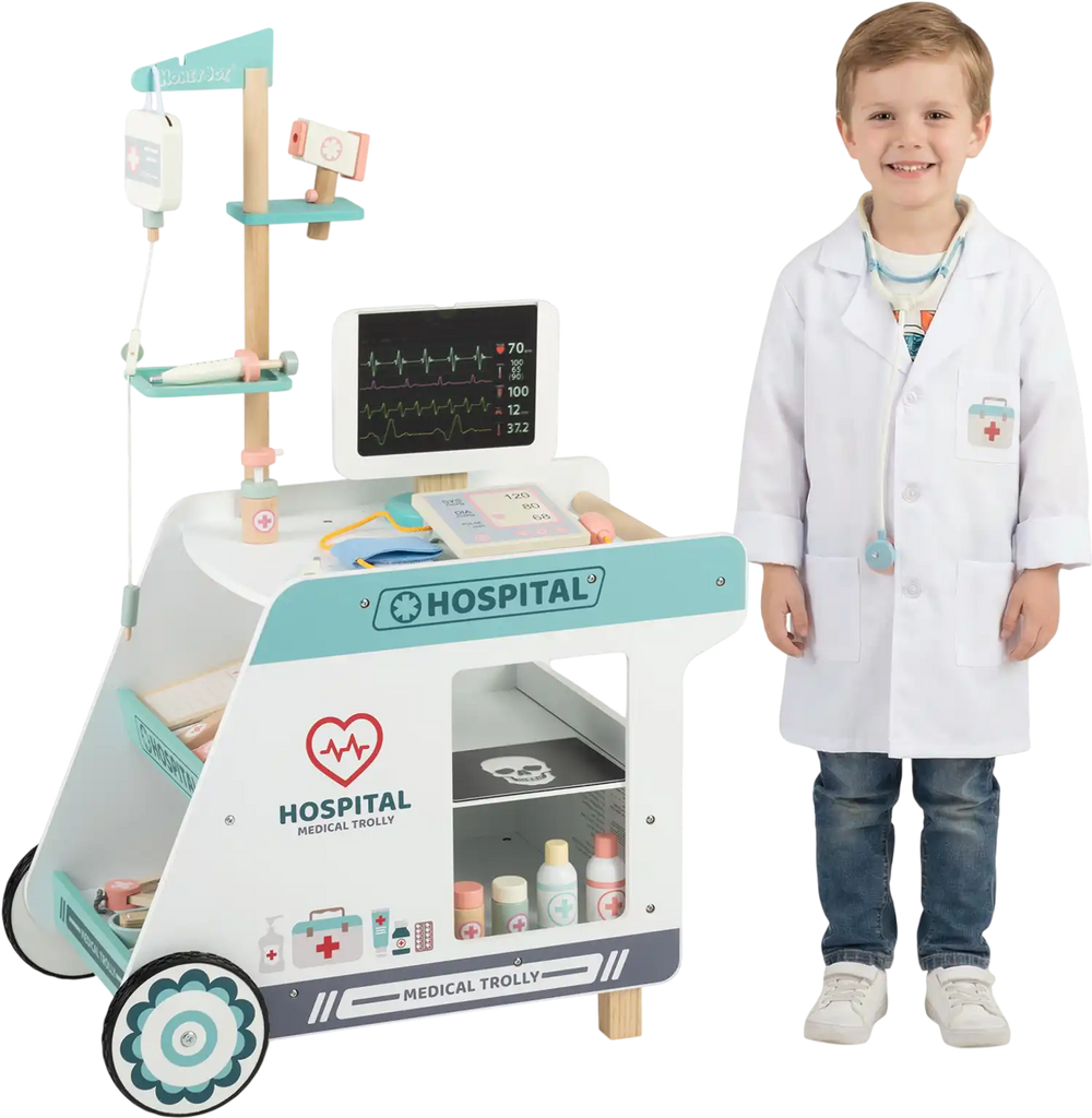Wooden doctor playset cart with medical accessories, perfect for imaginative role-play for kids aged 3 and up.