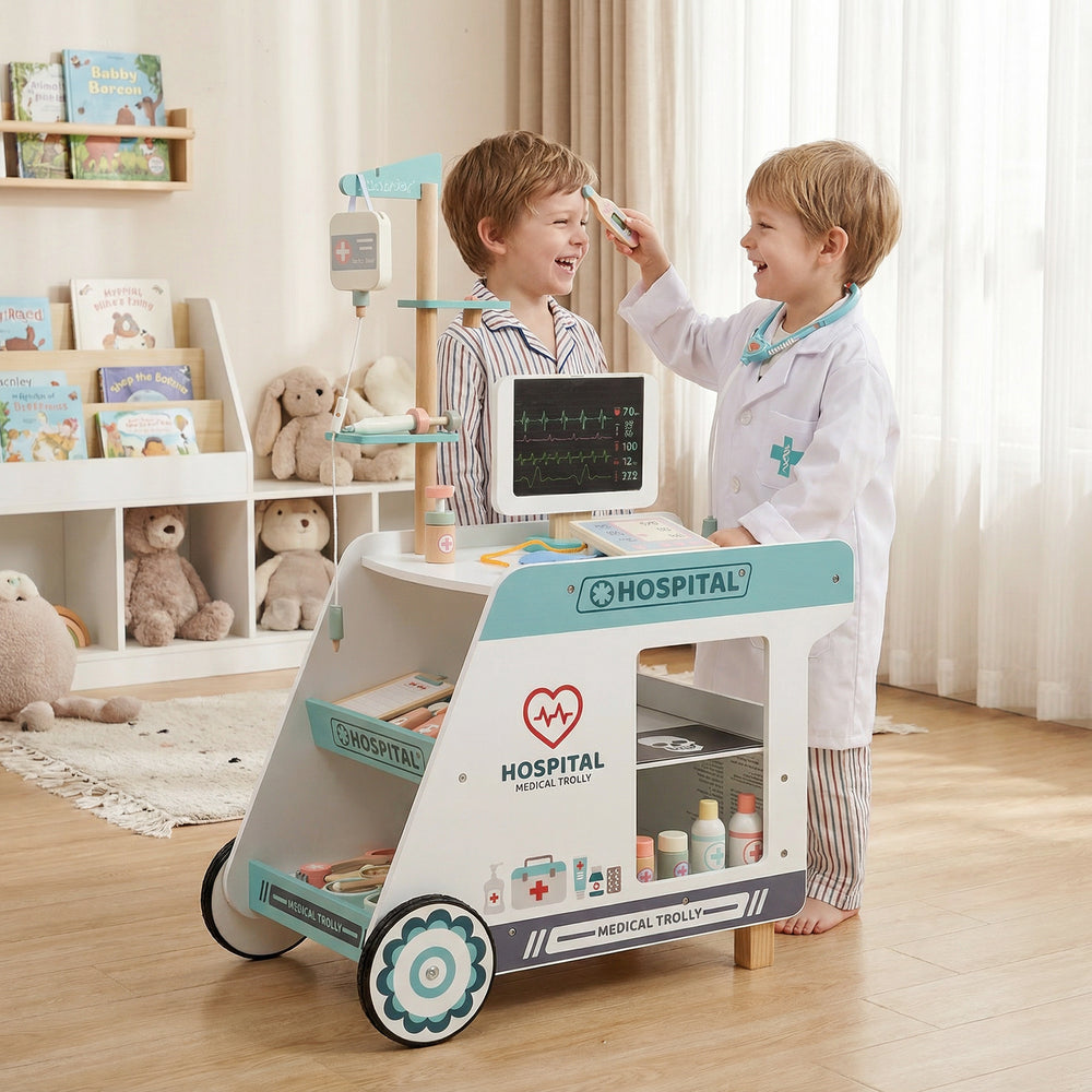 Wooden doctor playset with cart, featuring realistic medical accessories for imaginative role-play for kids aged 3+.