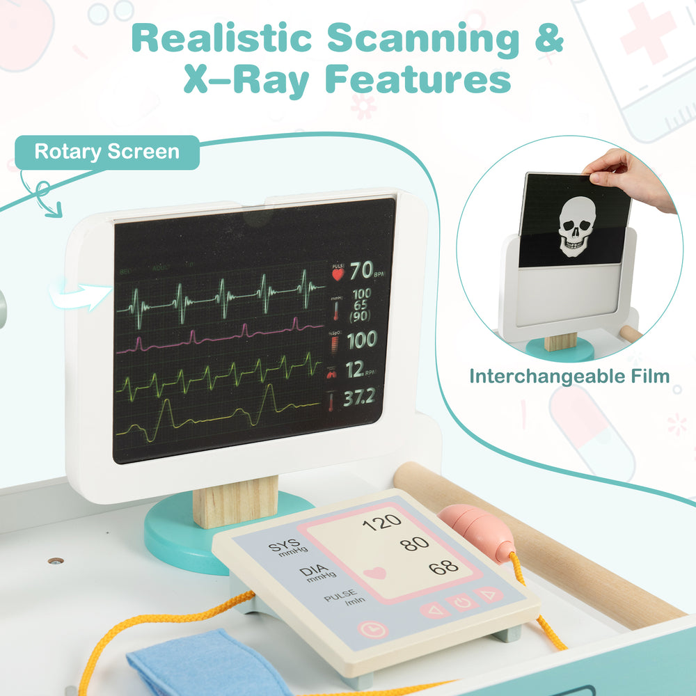 Wooden doctor playset featuring a rotary screen, realistic scanning, and interchangeable film for imaginative role-play.