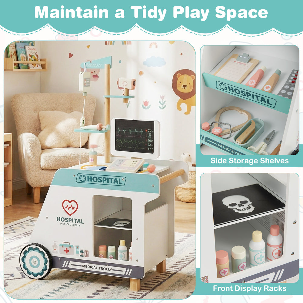 Wooden doctor playset cart with side storage shelves, realistic medical accessories, and flexible wheels for kids'.