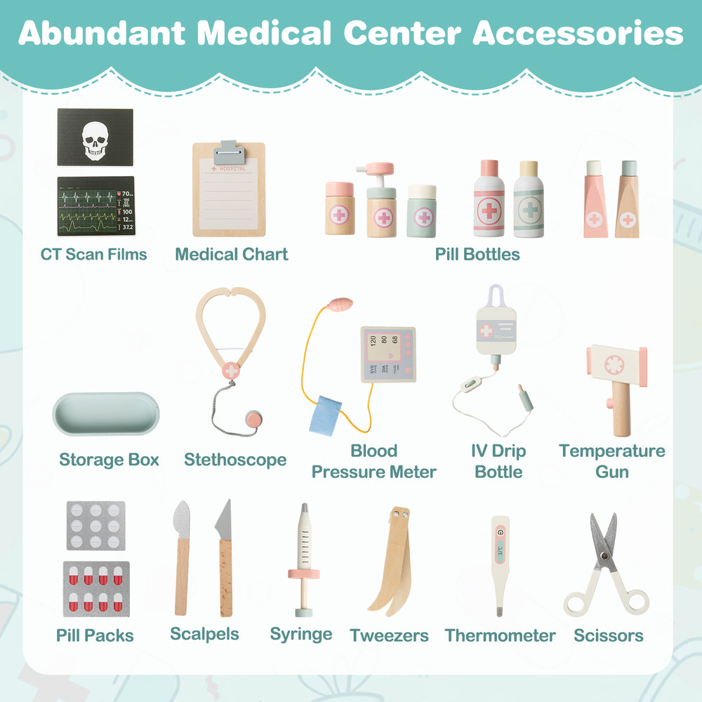 Wooden doctor playset for kids featuring medical accessories, stethoscope, and storage cart for imaginative role-play.