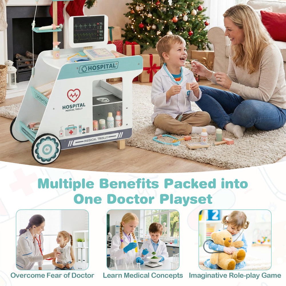 Wooden doctor playset with cart, featuring realistic medical tools for imaginative role-play and learning for kids aged.