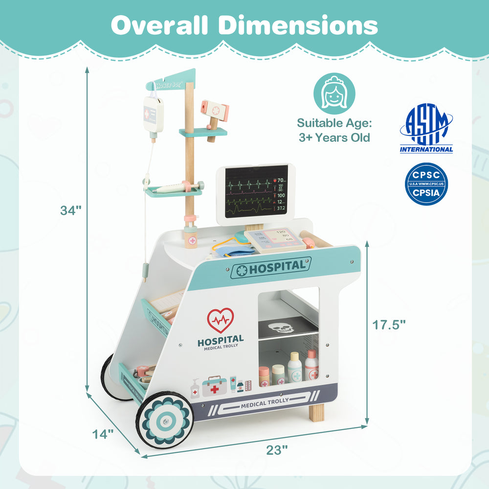 Wooden doctor playset cart with realistic medical accessories for kids aged 3+, promoting imaginative role-play and.