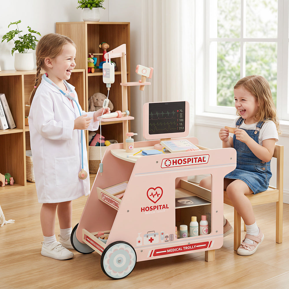 Wooden Doctor Playset for Kids Pretend Play Doctor Kit with Cart Gift for Toddlers Boys Girls Aged 3+-Pink - Gallery View 1 of 11