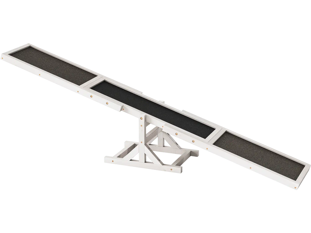 Wooden dog agility seesaw featuring a robust triangular base and smooth surfaces, perfect for enhancing dog training.