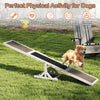 Wooden dog agility seesaw in outdoor setting, crafted from spruce wood, designed for training and exercise for dogs.