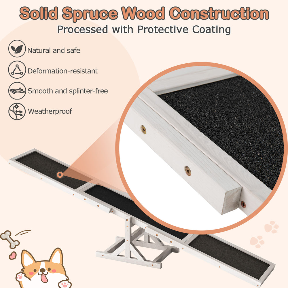 Wooden dog agility seesaw with smooth spruce wood, weatherproof surface, and high-traction sand grain for outdoor.