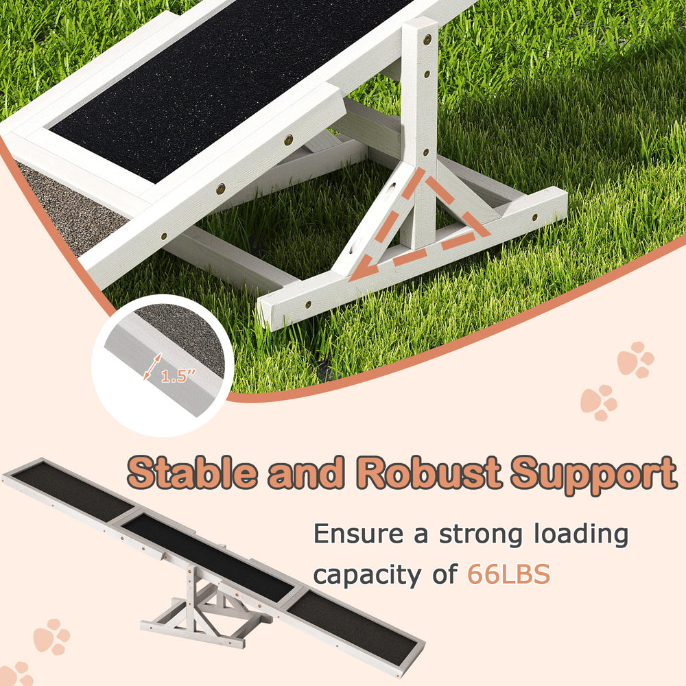 Wooden dog agility seesaw with sand grain asphalt surface, stable triangular base, supports up to 66 lbs for outdoor.