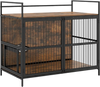 Wooden dog crate furniture for medium dogs features a brown finish, dual locks, and a 360° swivel bowl holder for easy feeding.