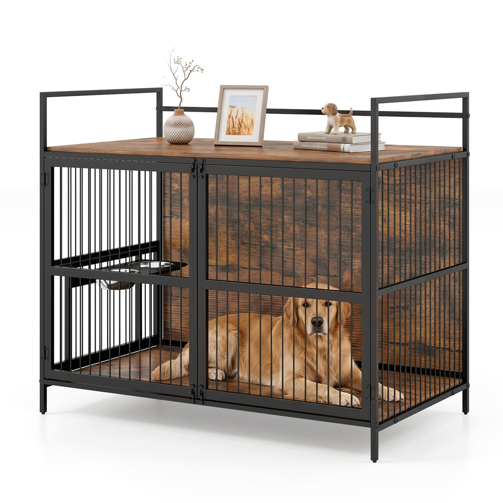 Wooden dog crate furniture for medium dogs features a 360° swivel bowl holder and a spacious interior for comfort.