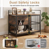 Wooden dog crate furniture in brown features dual locks, a 360° swivel bowl holder, and a spacious interior for medium dogs.