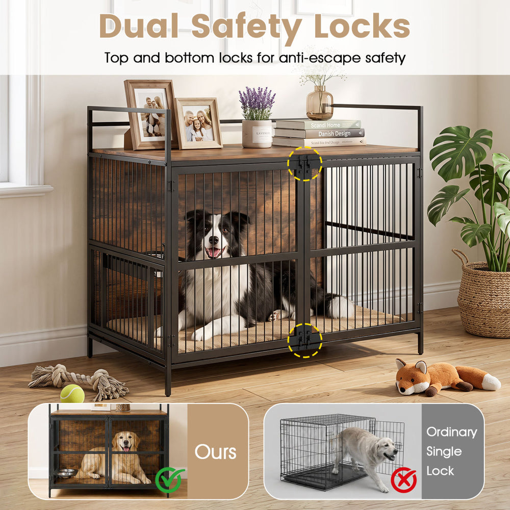 Wooden dog crate furniture in brown features dual locks, a 360° swivel bowl holder, and a spacious interior for medium dogs.