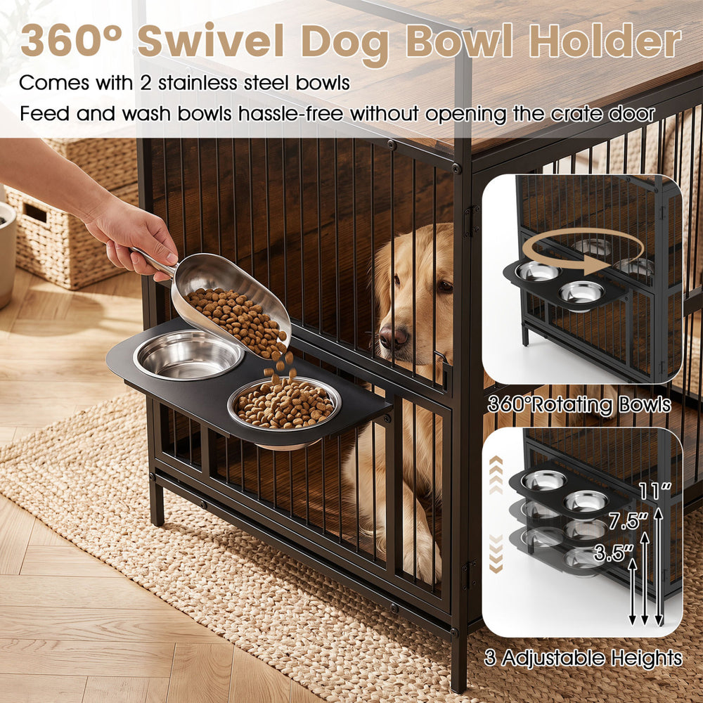Swivel dog bowl holder with two stainless steel bowls, adjustable height, and wooden crate design for medium dogs.