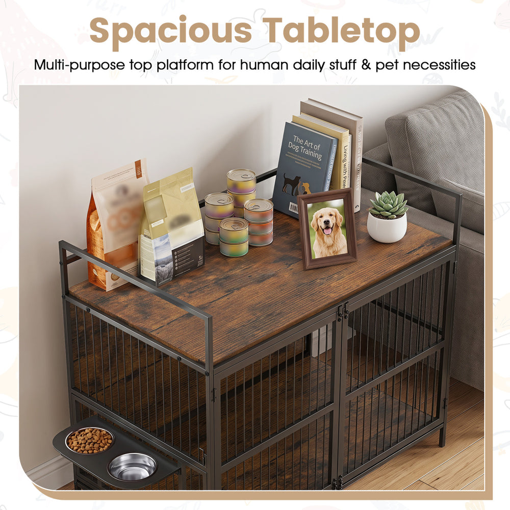Wooden dog crate furniture in brown features a spacious tabletop for pet necessities and a 360° swivel dog bowl holder.