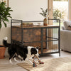 Wooden dog crate furniture for medium dogs features a 360° swivel bowl holder and a stylish tabletop for home decor.