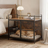 Wooden dog crate furniture in brown features a multi-purpose tabletop, dual locks, and a 360° swivel dog bowl holder.