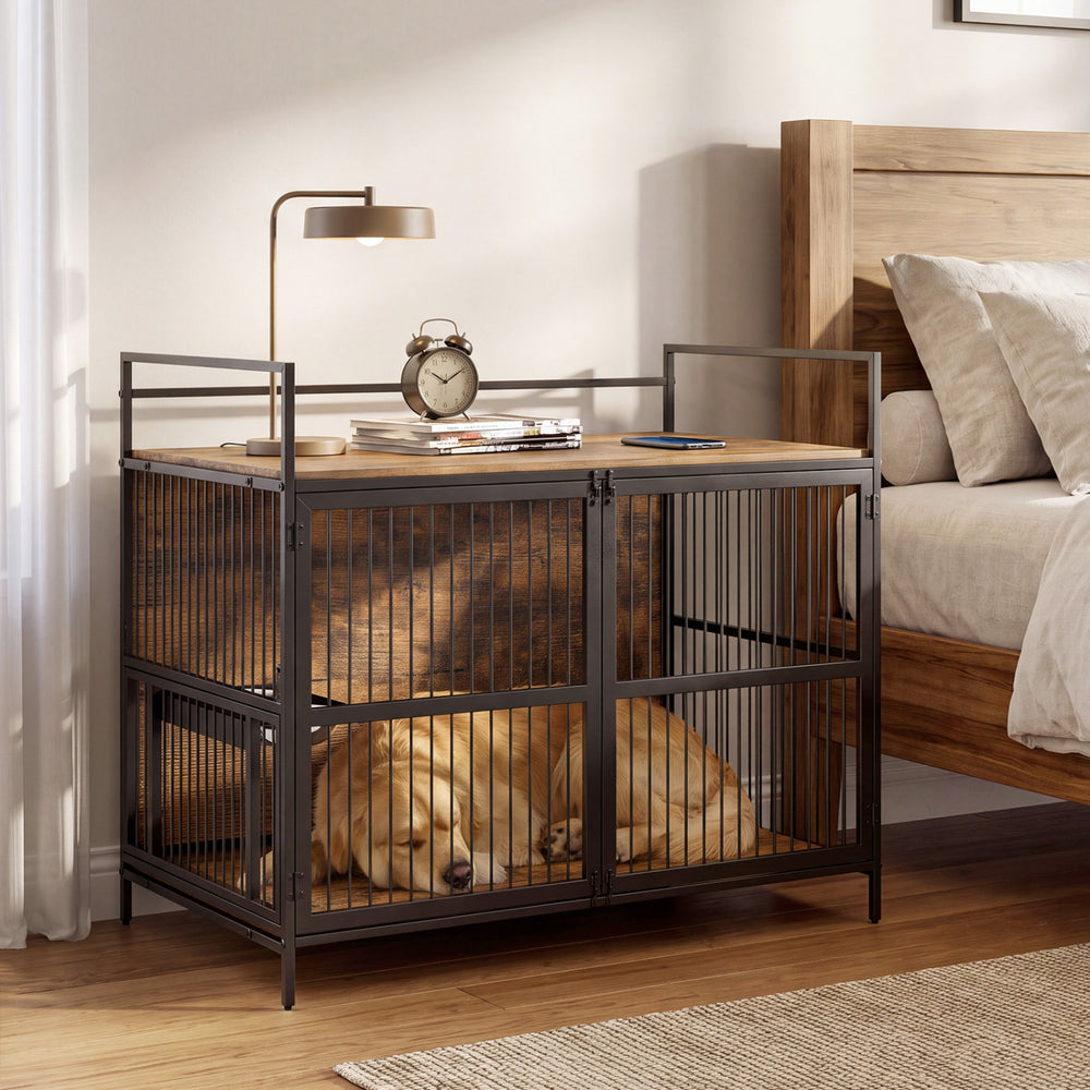 Wooden dog crate furniture for medium dogs features a multi-purpose top, dual locks, and a 360° swivel bowl holder.