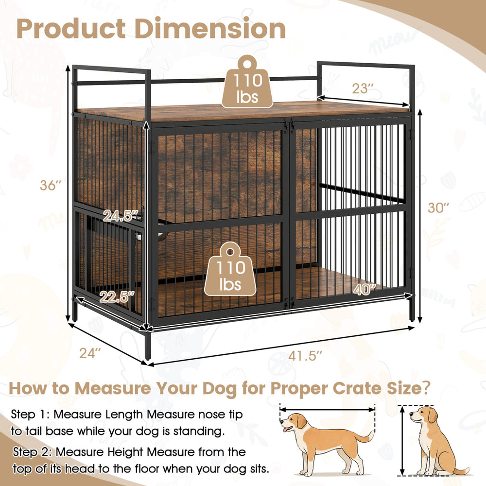 Wooden dog crate furniture in brown with dual locks, adjustable height, and a 360° swivel dog bowl holder for easy feeding.