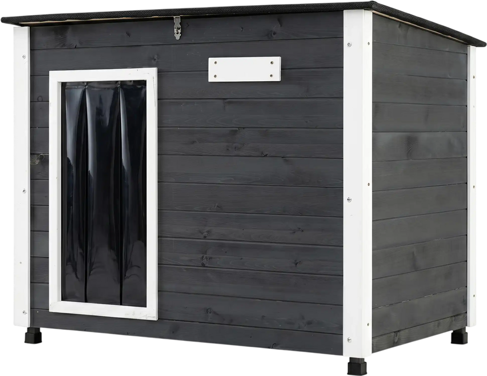 Wooden dog house featuring a raised floor and PVC curtain, providing added protection and comfort for outdoor pets.