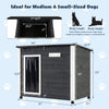 Wooden dog house with a natural spruce wood frame, openable asphalt roof, and removable floor for easy cleaning.