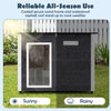 Wooden dog house with a coated spruce wood frame and waterproof asphalt roof, designed for all-season outdoor use.