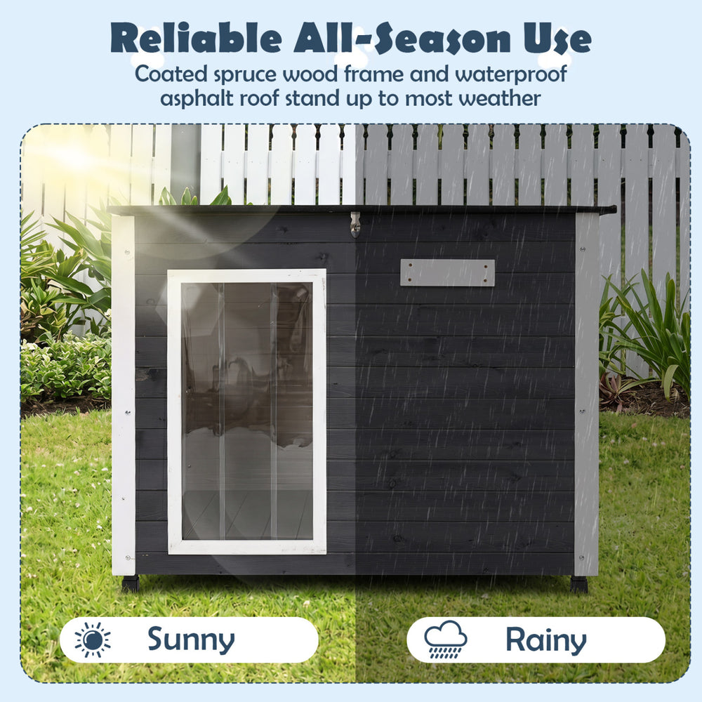 Wooden dog house with a coated spruce wood frame and waterproof asphalt roof, designed for all-season outdoor use.