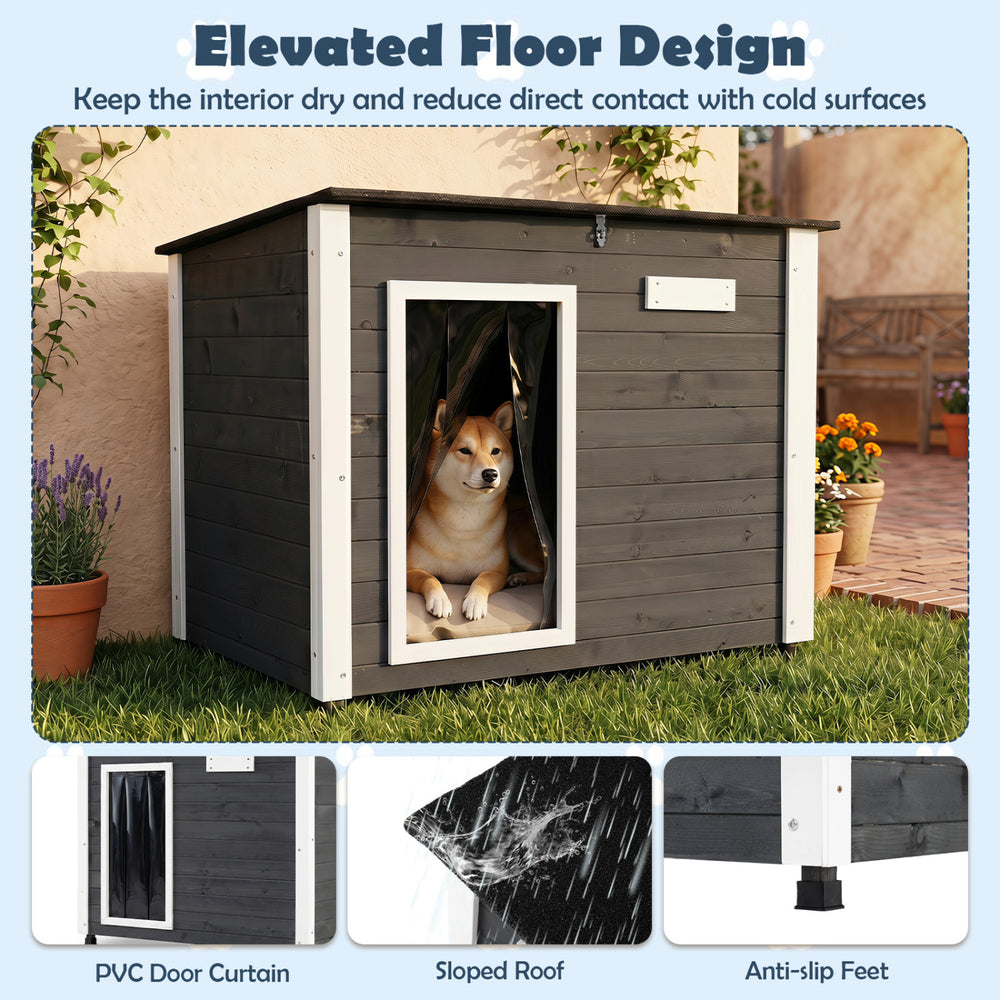 Wooden dog house with a coated spruce frame, sloped asphalt roof, and removable floor for easy cleaning and comfort.