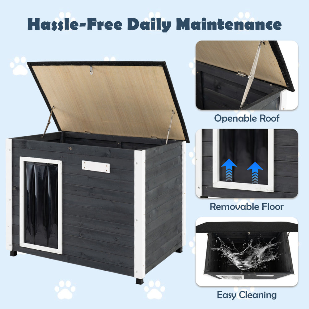 Wooden dog house with a removable floor and openable asphalt roof, designed for easy cleaning and all-season comfort.