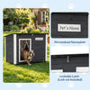 Wooden dog house with a coated spruce frame, openable asphalt roof, and personalized nameplate for outdoor comfort.
