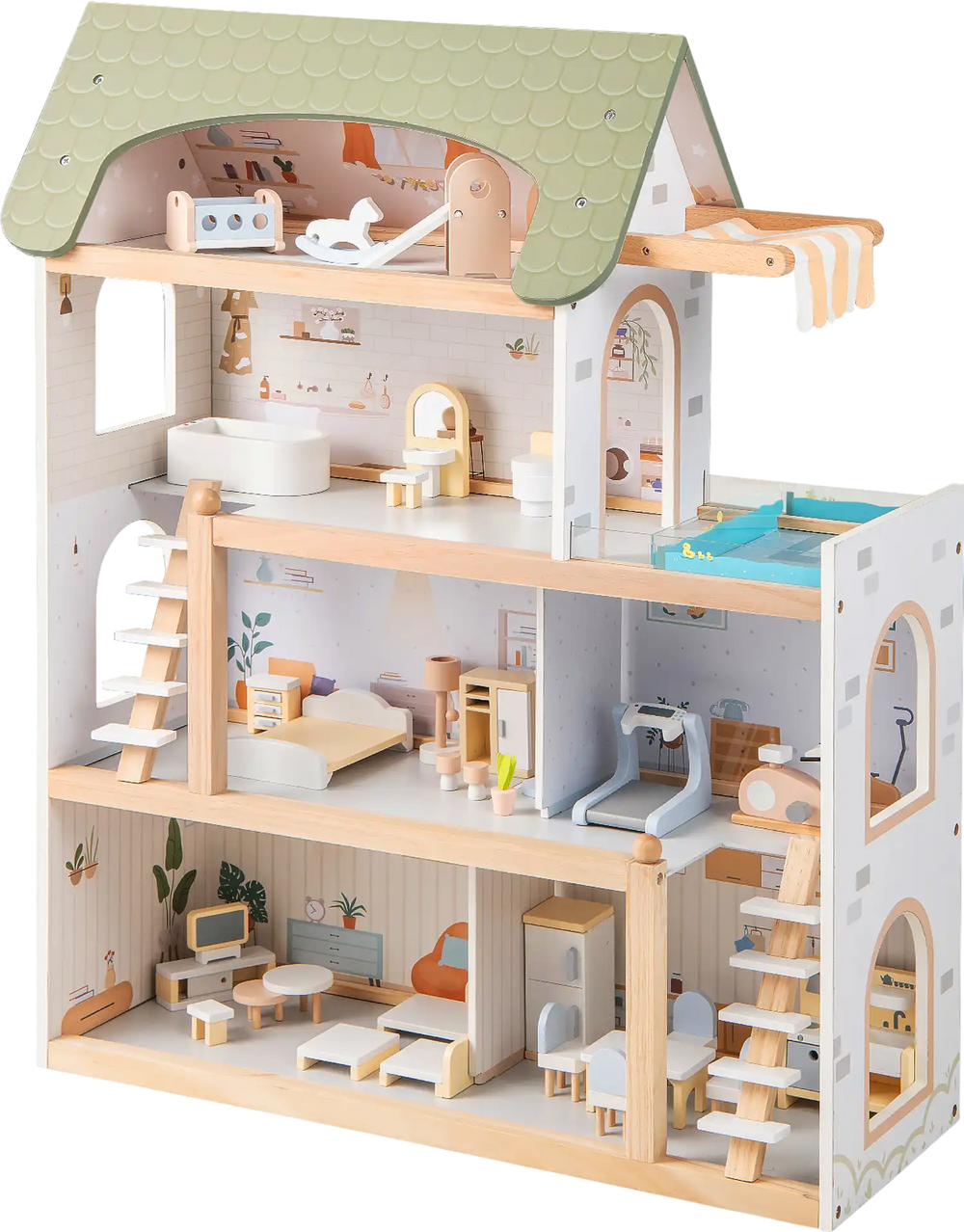 Wooden dollhouse with 33 furniture pieces, featuring movable stairs and diverse room layouts for interactive play.
