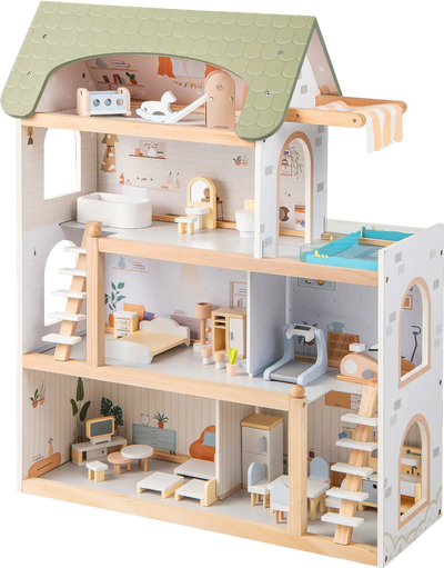 Costway Wooden Dollhouse Kids DIY Pretend Playhouse 33 PCS Furniture Accessories 358761942 New