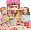 Doll house playset with three stories, six rooms, and 15 furniture pieces, promoting imaginative play for kids.