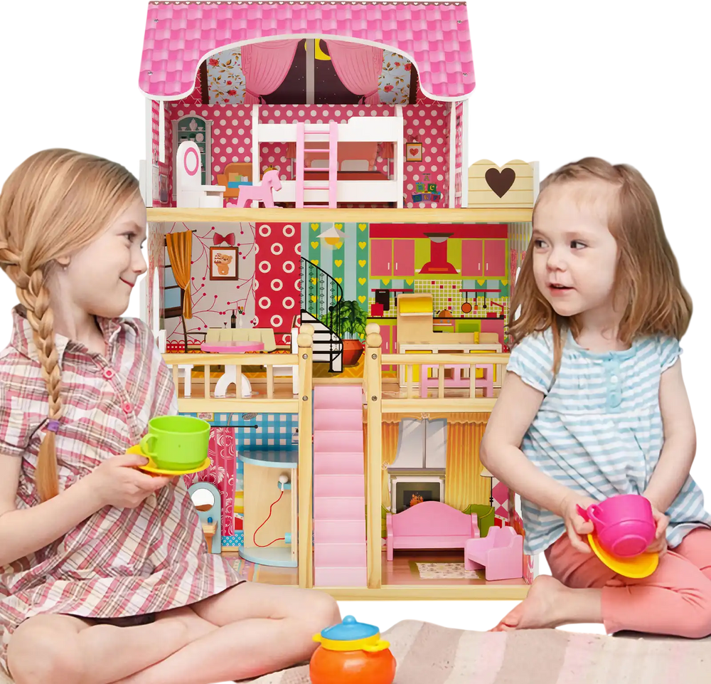 Doll house playset with three stories, six rooms, and 15 furniture pieces, promoting imaginative play for kids.