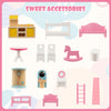 Colorful dollhouse furniture accessories including a rocking horse, sofa, and dining table for imaginative play.