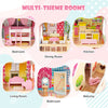 Doll house playset featuring six themed rooms, including a kitchen and living room, with 15 furniture pieces in pink.