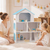 Wooden dollhouse with five rooms and accessories, showcasing realistic details and a sturdy design for creative play.