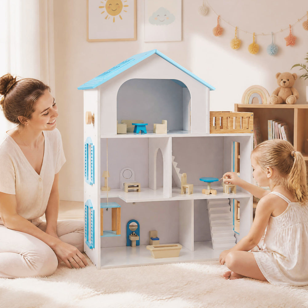 Wooden Dollhouse with 5 Rooms and Furniture Accessories for Kids-Blue - Gallery View 1 of 11