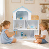 Wooden dollhouse with five rooms and furniture accessories, featuring a moving elevator, ideal for imaginative play.