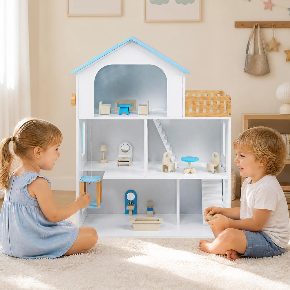 Wooden dollhouse with five rooms and furniture accessories, featuring a moving elevator, ideal for imaginative play.