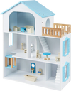 Wooden dollhouse in blue with 5 rooms, furniture accessories, and a moving elevator for imaginative play.