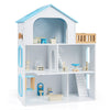 Wooden dollhouse with five rooms and furniture accessories, featuring a blue roof and a moving elevator for imaginative play.