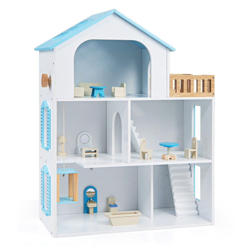 Wooden dollhouse with five rooms and furniture accessories, featuring a blue roof and a moving elevator for imaginative play.